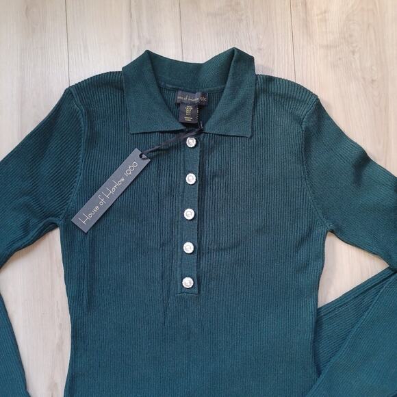 House of Harlow Ribbed Knit Collared Henley Midi Dress Evergreen S NWT - Picture 3 of 13